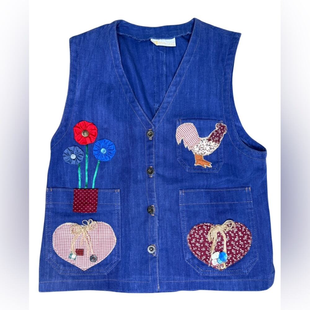 Vtg Denim Craftcore Country Farm Vest Womens Size M Folk Artsy Grandma Teacher